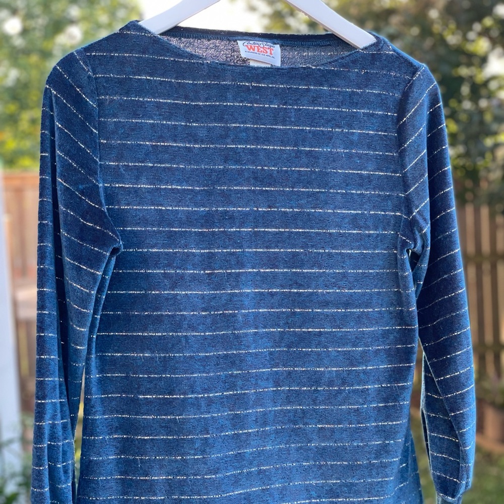 VINTAGE Velour Teal 70's/80's Long Sleeve Top W/ Metallic Gold stripes.
